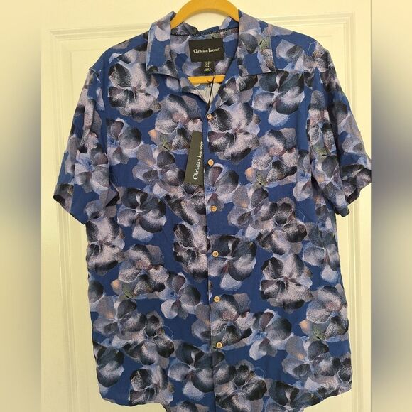 NWT Christian Lacroix Blue Floral Button Front Long‎ Sleeve  Shirt Men’s M - Picture 1 of 7